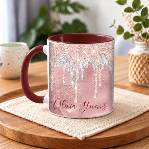 Chique roze blush zilver druipend monogram mok