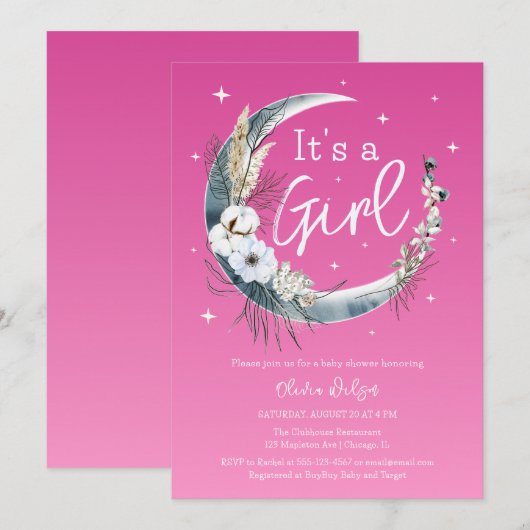 Chique roze Boho Pampas Grass Moon Baby shower Kaart (Voorkant / Achterkant)