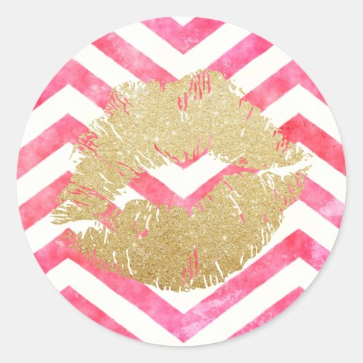 Chique roze Chevron gouden lippen Valentijnsdag Ronde Sticker (Voorkant)