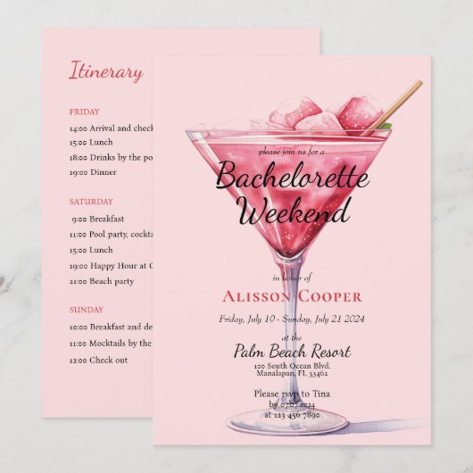 Chique roze cocktails | Vrijgezellenweekend Kaart (Voorkant / Achterkant)