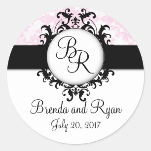 Chique roze Damask Initiaal bruiloft Sticker
