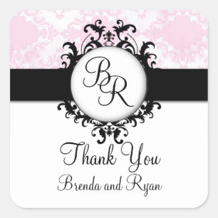 Chique roze damask Initiaal dank u bruiloft Sticke Vierkante Sticker