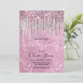 Chique roze damast druipende eenhoorn glitters mon kaart (Staand voorkant)