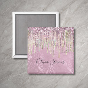 Chique roze damast druipende eenhoorn glitters mon magneet