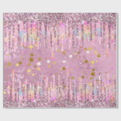 Chique roze damast druppelen eenhoorn glitter cadeaupapier (Vlak)