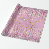 Chique roze damast druppelen eenhoorn glitter cadeaupapier (Uitgerold)