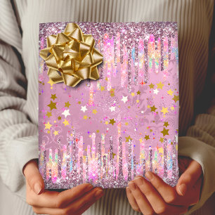 Chique roze damast druppelen eenhoorn glitter cadeaupapier