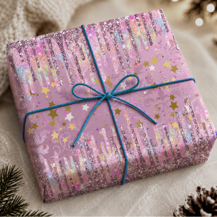 Chique Roze Damast Druppelende Eenhoorn Glitter Cadeaupapier