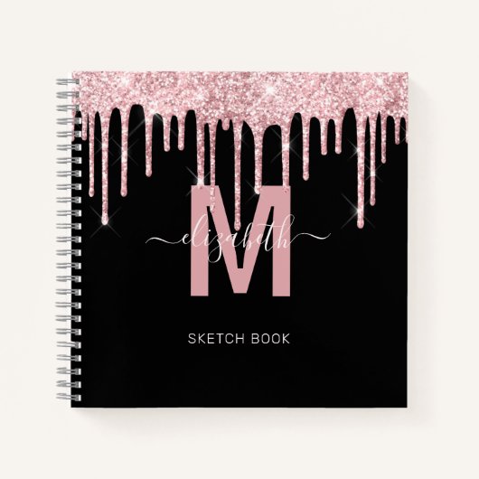 Chique Roze Dripping Glitter Monogram Schets Notitieboek (Voorkant)