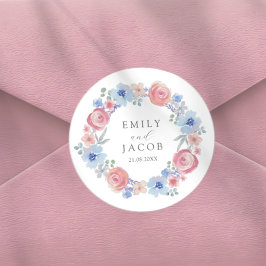 Chique roze en blauwe waterverf bloemachtige trouw ronde sticker