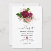  chique roze en bordeaux bloemenbruiloft kaart (Voorkant)