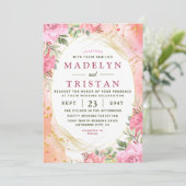 Chique Roze en Goud Bloemen Foto Bruiloft Uitnodig Kaart (Staand voorkant)