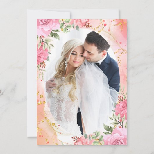 Chique Roze en Goud Bloemen Foto Bruiloft Uitnodig Kaart (Achterkant)