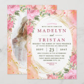 Chique Roze en Goud Bloemen Foto Bruiloft Uitnodig Kaart (Voorkant / Achterkant)