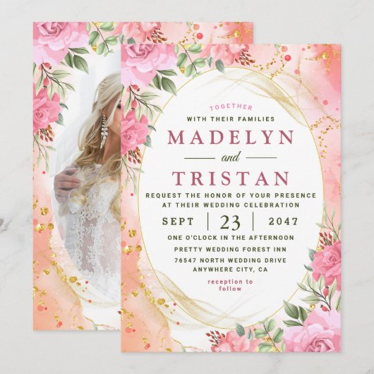 Chique Roze en Goud Bloemen Foto Bruiloft Uitnodig Kaart (Voorkant / Achterkant)