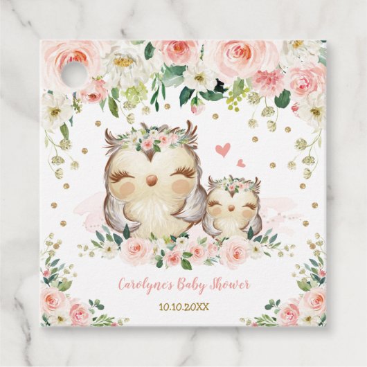 Chique Roze en Goud Bloemenuil Baby shower Verjaar Bedankjes Labels (Voorkant)
