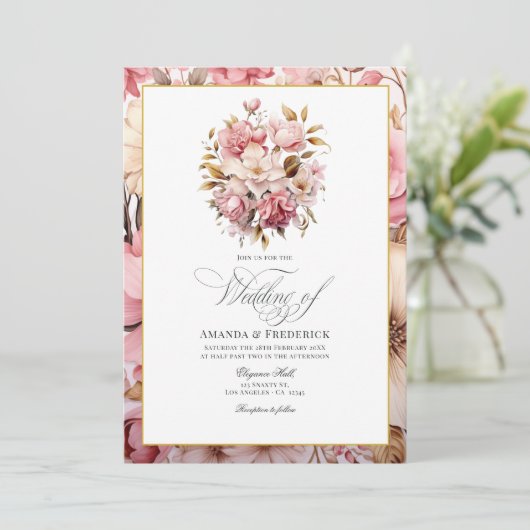 Chique roze en gouden bloemontwerp kaart (Staand voorkant)