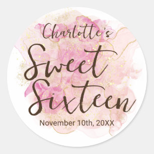 Chique Roze en Gouden Waterverf Sweet 16 Feestje  Ronde Sticker