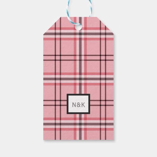 Chique roze en grijze ruit modepatroon feest cadeaulabel (Achterkant)