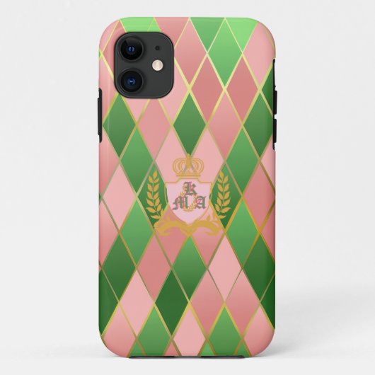 Chique Roze en Groene Argyle Monogram Initialen Case-Mate iPhone Case (Achterkant)