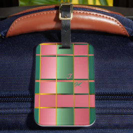 Chique roze en groene kleurblokmonogram bagagelabel