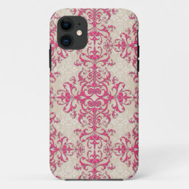 Chique roze en off white bloemdamastpatroon iPhone 11 hoesje