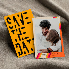 Chique Roze en Oranje 70er Retro Strepen Bruiloft Save The Date