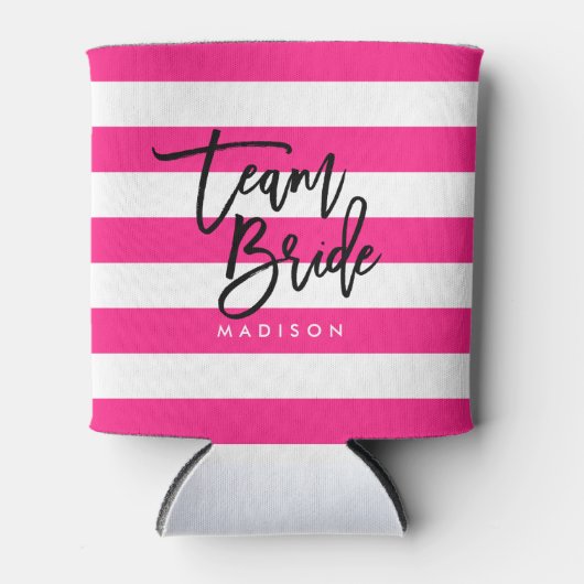 Chique roze en witte strepen zwart team bruid blikjeskoeler (Voorkant)