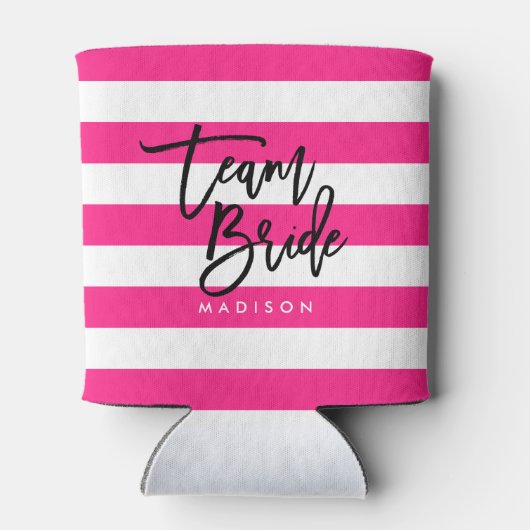 Chique roze en witte strepen zwart team bruid blikjeskoeler (Achterkant)