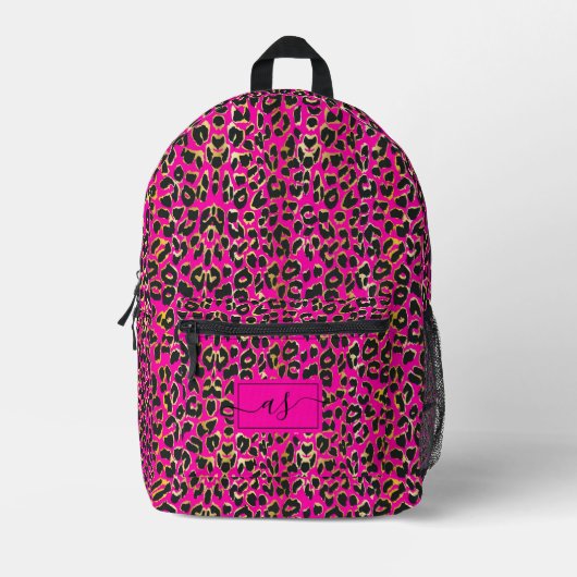 Chique roze en zwarte luipaardprint met monogram bedrukte rugzak (Voorkant)