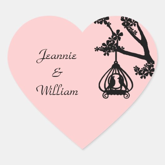 Chique Roze en Zwarte Tortelduifjes Hart Sticker (Voorkant)