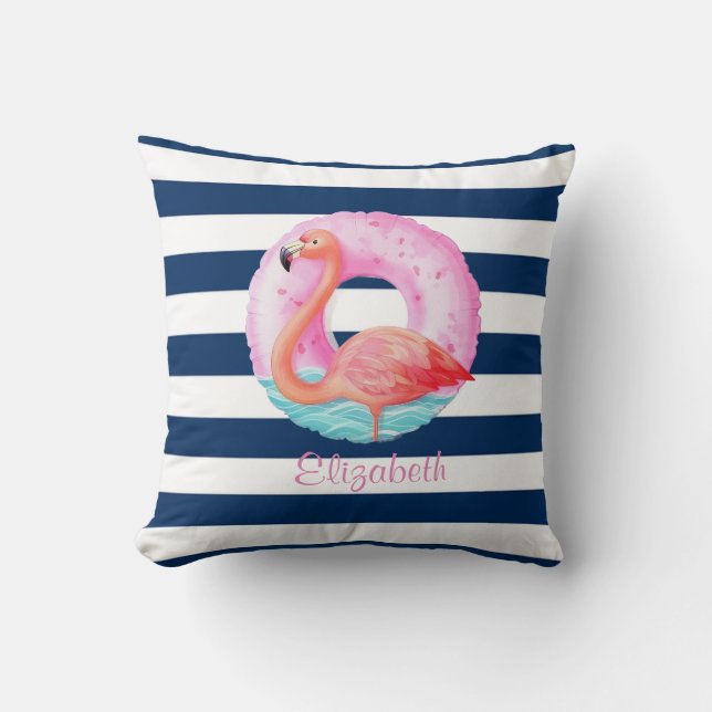 Chique roze flamingo's zwembad drijver marine blau kussen (Voorkant)