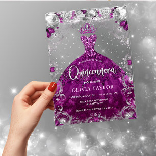 Chique roze fuchsia jurk bloemrijke Quinceanera Acryl Uitnodigingen