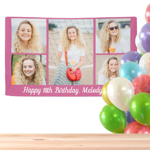 Chique Roze Gelukkig Verjaardag Fotocollage Feest Spandoek