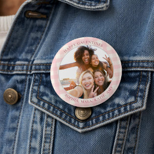 Chique Roze Geruite Typografie Foto Galentines Dag Ronde Button 7,6 Cm