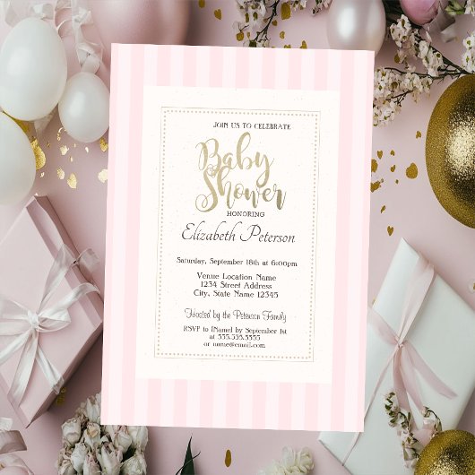 Chique roze gestreepte babyshower kaart