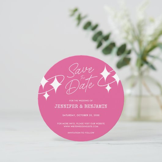 Chique Roze Glitter Disco Ball Bruiloft Save the D Kaart (Staand voorkant)