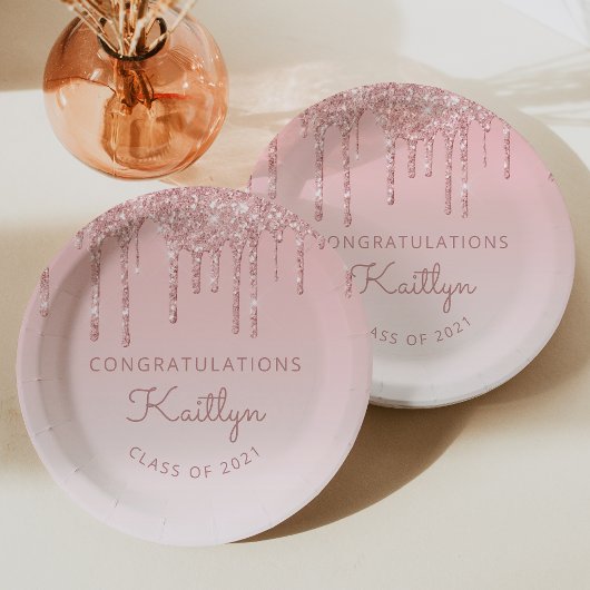 Chique Roze Glitter Drip Afsluitfeest Papieren Bordje