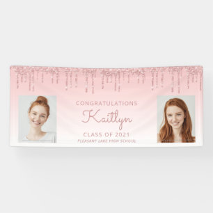 Chique Roze Glitter Drip Twee Foto Afstuderen Spandoek