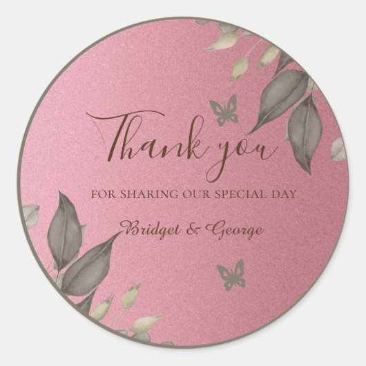 Chique Roze Glitter Foliage Bruiloft dank u Ronde Sticker (Voorkant)