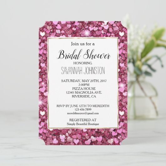 Chique roze glitter harten kaart (Staand voorkant)