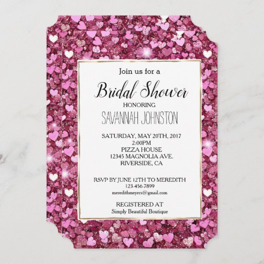 Chique roze glitter harten kaart (Voorkant / Achterkant)