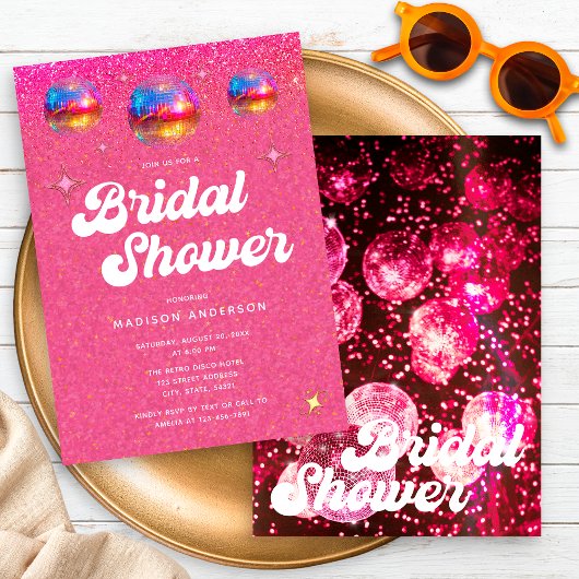 Chique Roze Glitter Retro Disco Bal Bruidsfeest Kaart