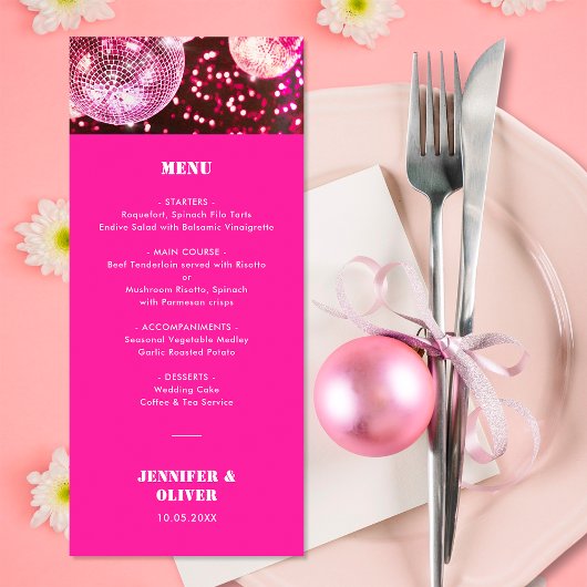 Chique Roze Glitter Retro Disco Ballen Bruiloft Menu