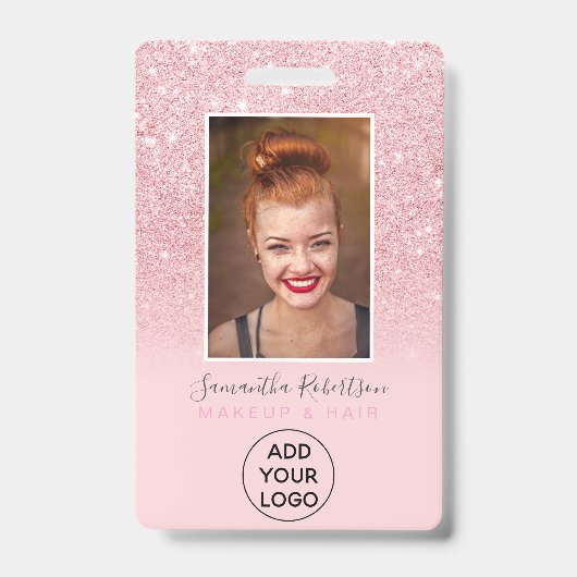 Chique roze glitters glans logo personeelsfoto pas badge (Voorzijde)