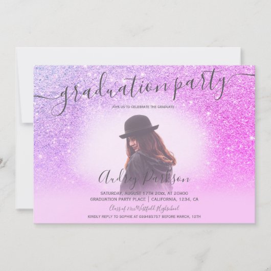 Chique roze glitters glanzen chique foto afstudere kaart (Voorkant)