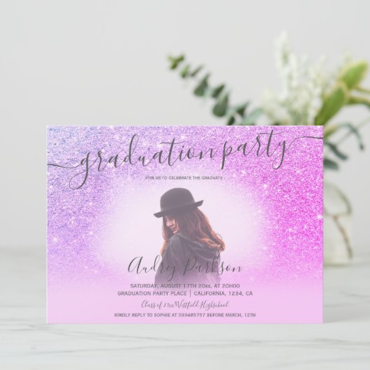 Chique roze glitters glanzen chique foto afstudere kaart (Staand voorkant)