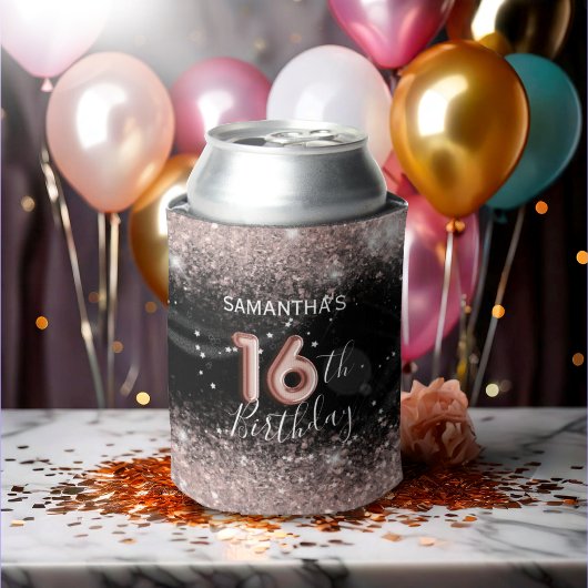 Chique Roze Glitters & Zwart 16e Verjaardag Blikjeskoeler