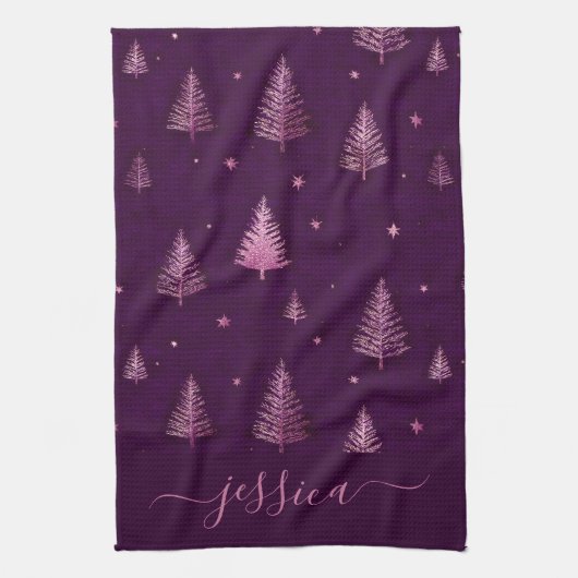 Chique roze glitterspaanse kerstbomen naam theedoek (Verticaal)