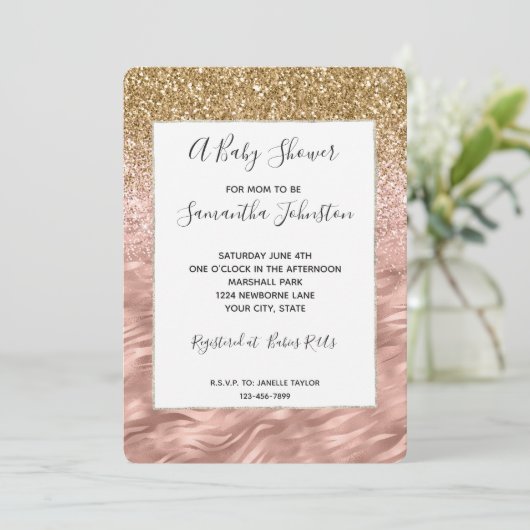 Chique roze Glitz Zebra Print Baby shower Kaart (Staand voorkant)